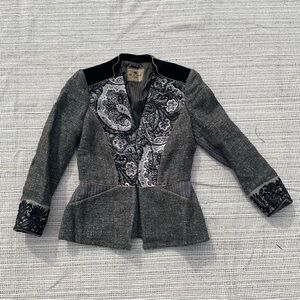 ETRO Women's Tailored Blazer Gray Wool Blend Paisley Velvet Detail Size IT46